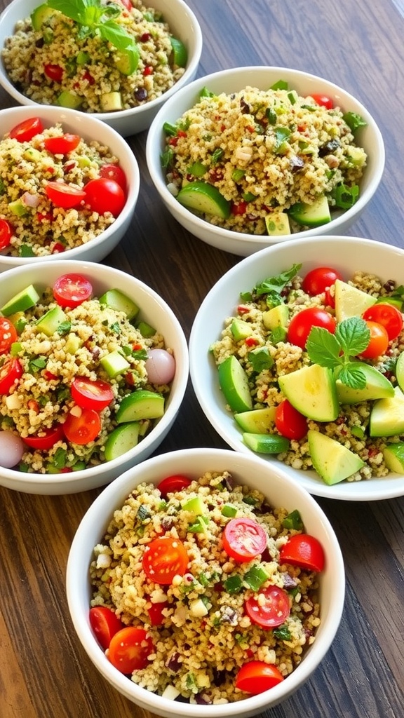 An assortment of colorful quinoa salads in bowls on a wooden table, featuring fresh vegetables and herbs.